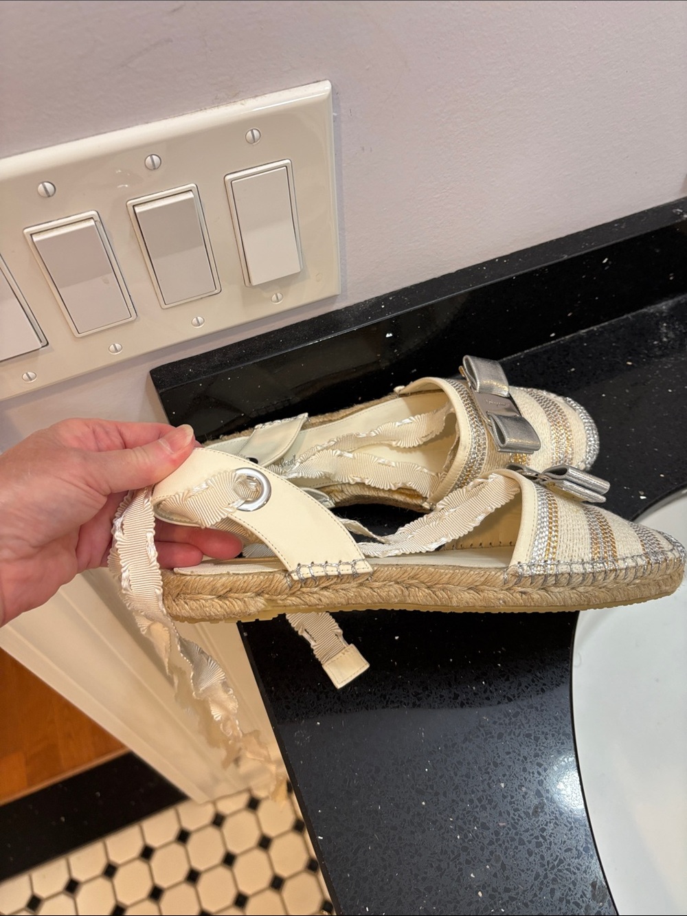 NWOT Salvatore Ferragamo Cream and Silver Ribbon Espadrille Wedges - Picture 6 of 9